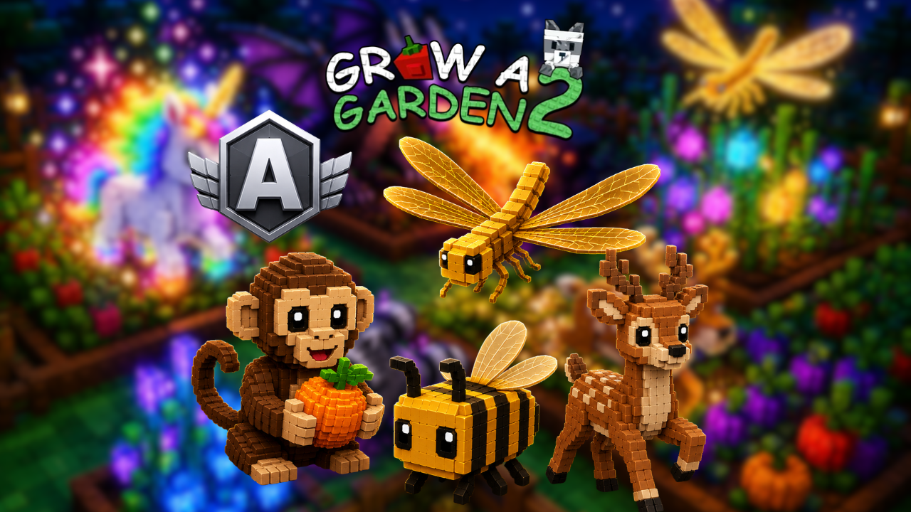Grow a Garden 2 A-Tier pets showing Monkey Golden Dragonfly and Bee