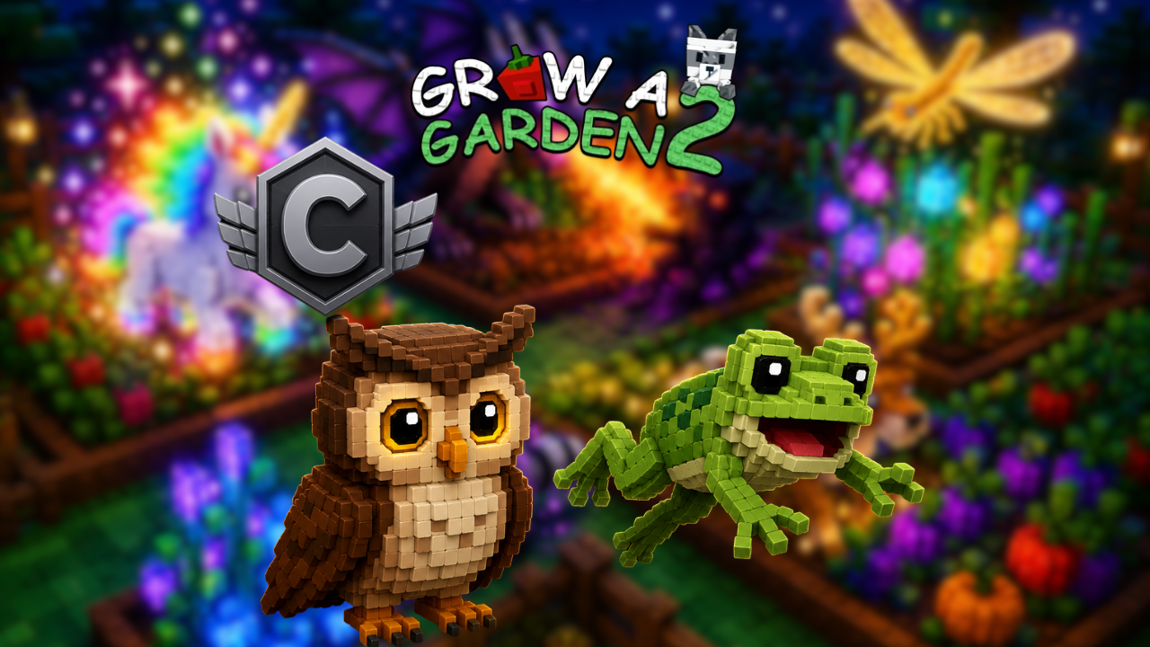 Grow a Garden 2 C-Tier pets showing Owl and Frog on dark background