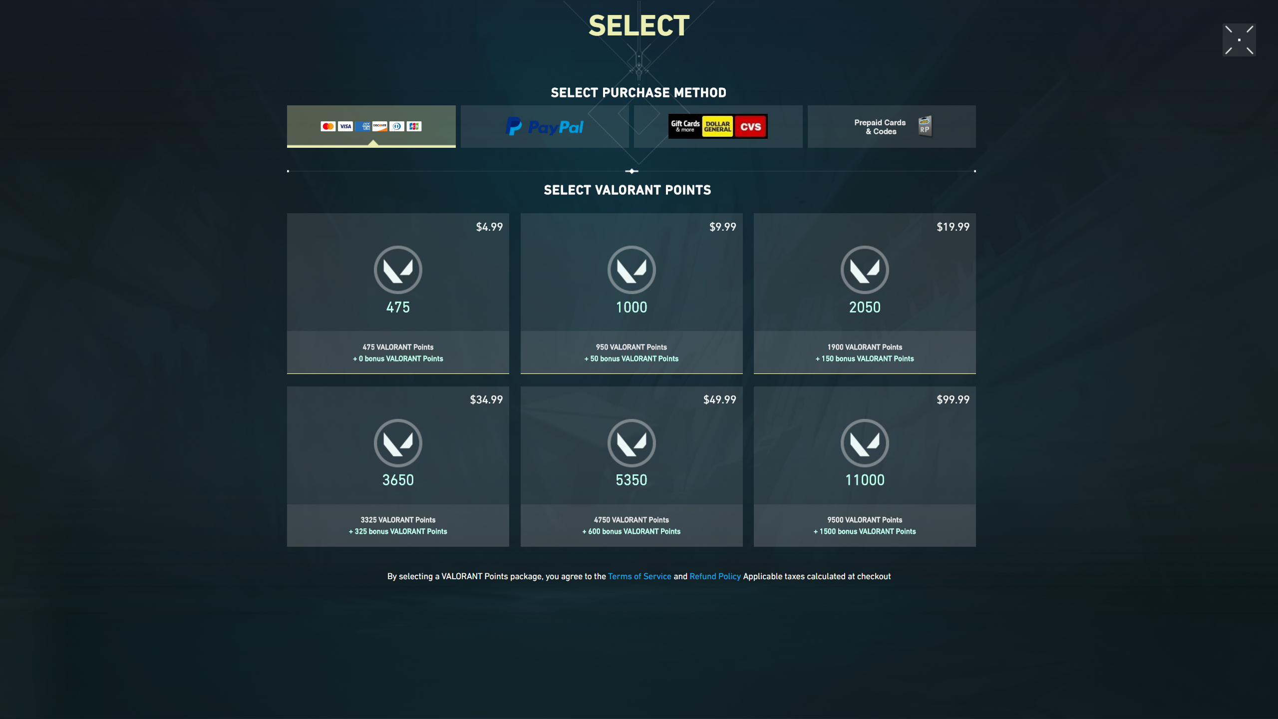 Valorant Points purchase screen showing VP packs and prices.