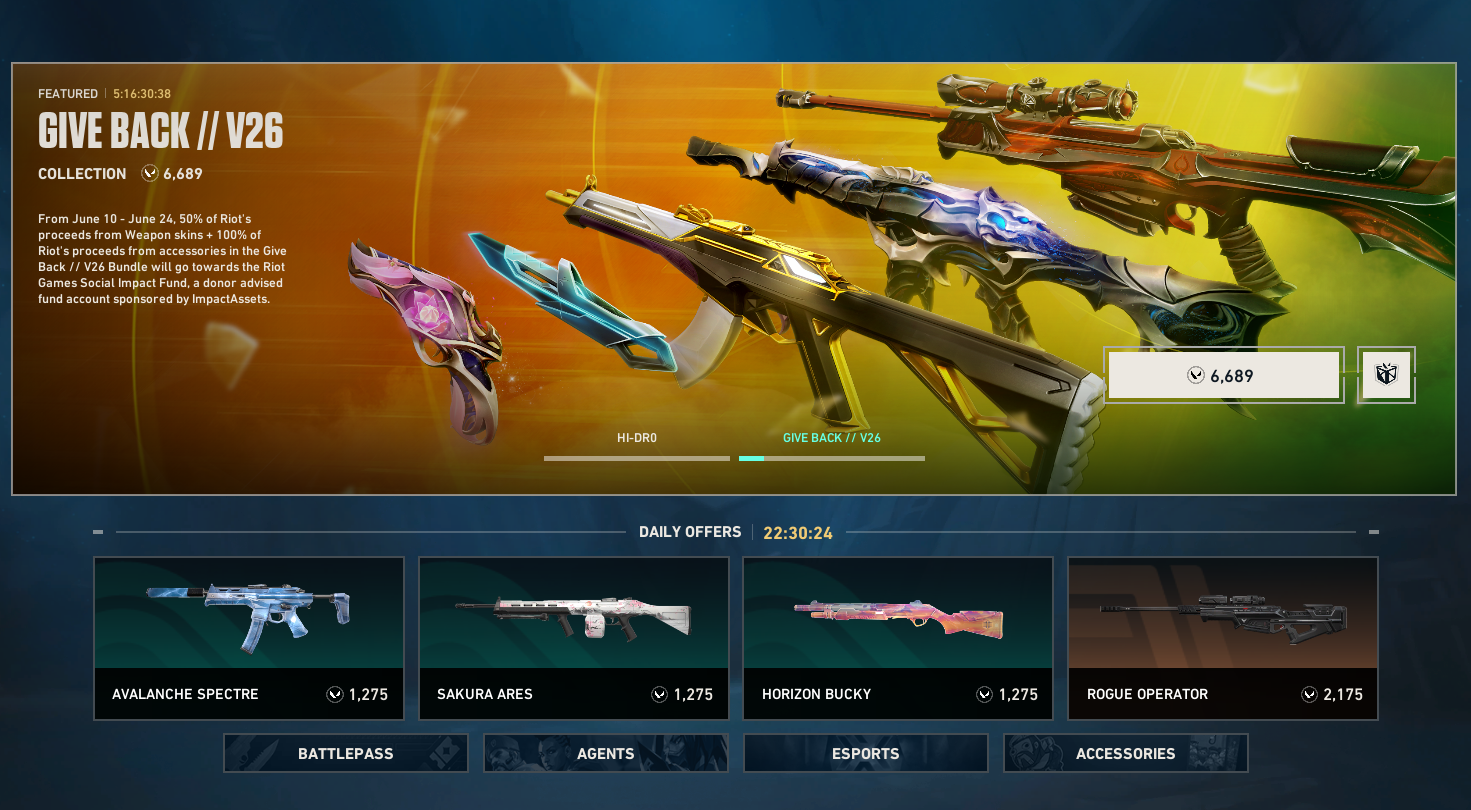 Valorant in-game store displaying a featured skin bundle and prices.