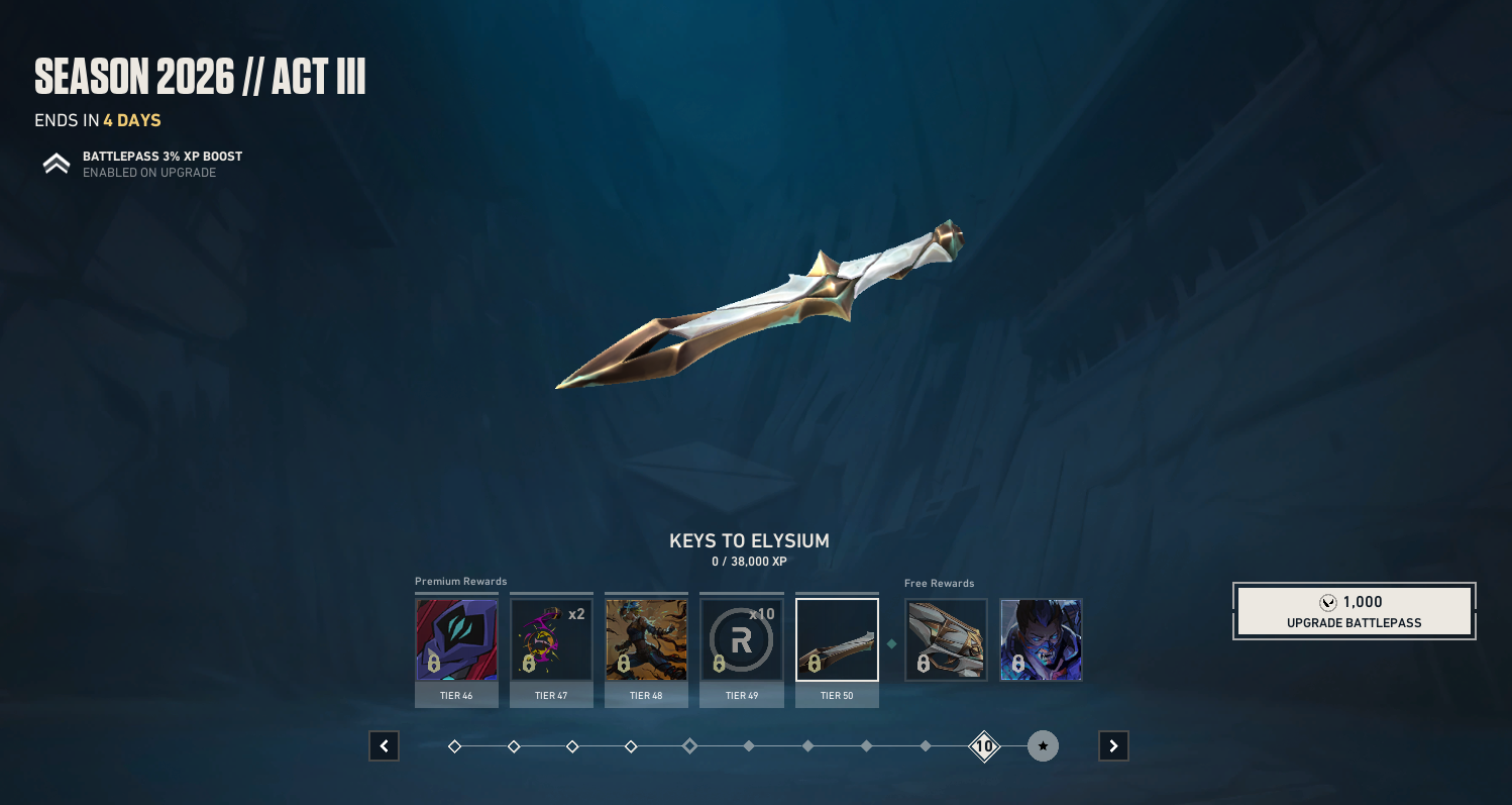 Valorant battle pass progression screen showing tiers and rewards.