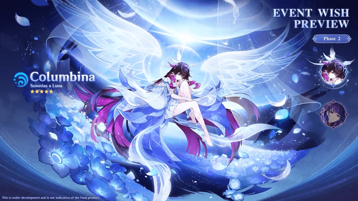 Genshin Impact Luna VIII Phase 2 Event Wish Preview featuring the 5-star character Columbina.