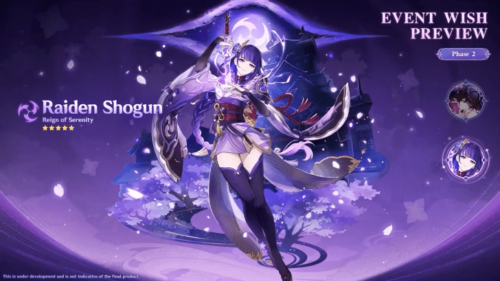 Genshin Impact Luna VIII Phase 2 Event Wish Preview featuring the 5-star Electro character Raiden Shogun.