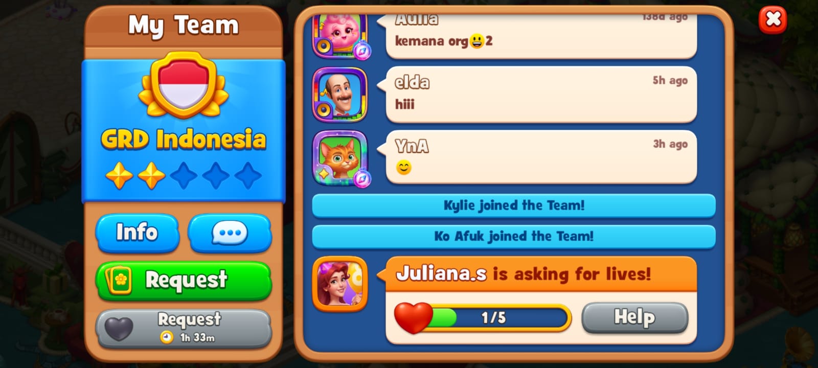 Gardenscapes My Team screen showing the Request button and a teammate asking for lives