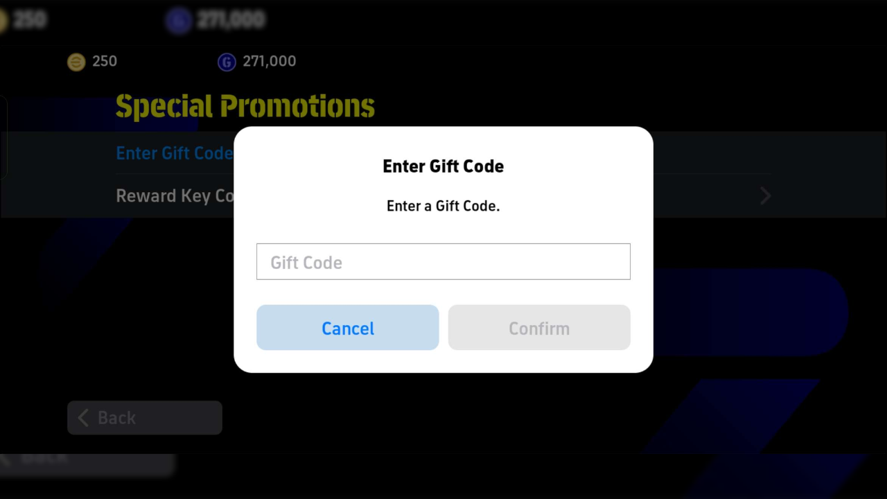 efootball Showing Redeem Code screen in Store showing the input field