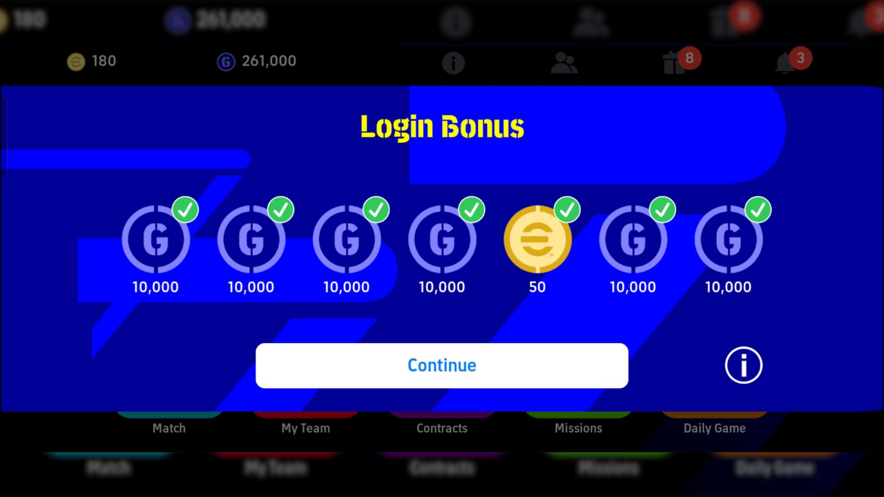 eFootball Daily login reward screen showing streak bonus and coin payout