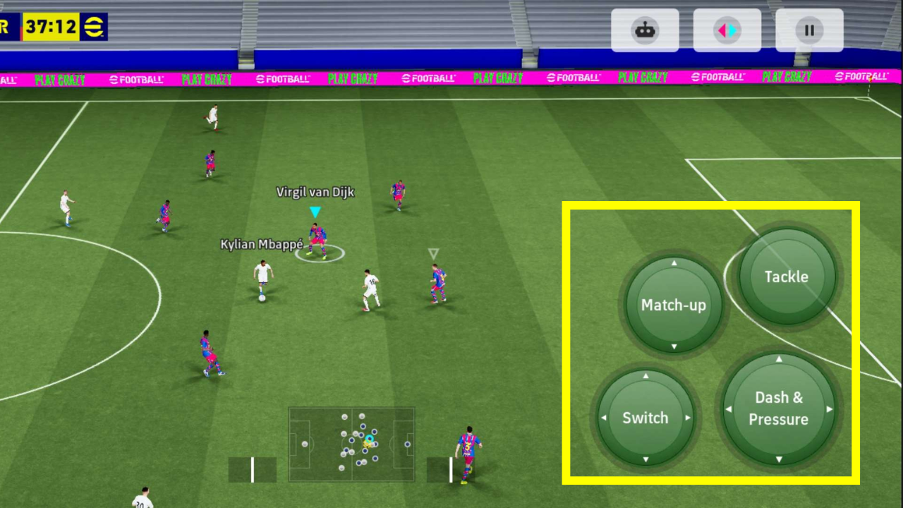 eFootball mobile touch control interface showing gesture buttons on screen