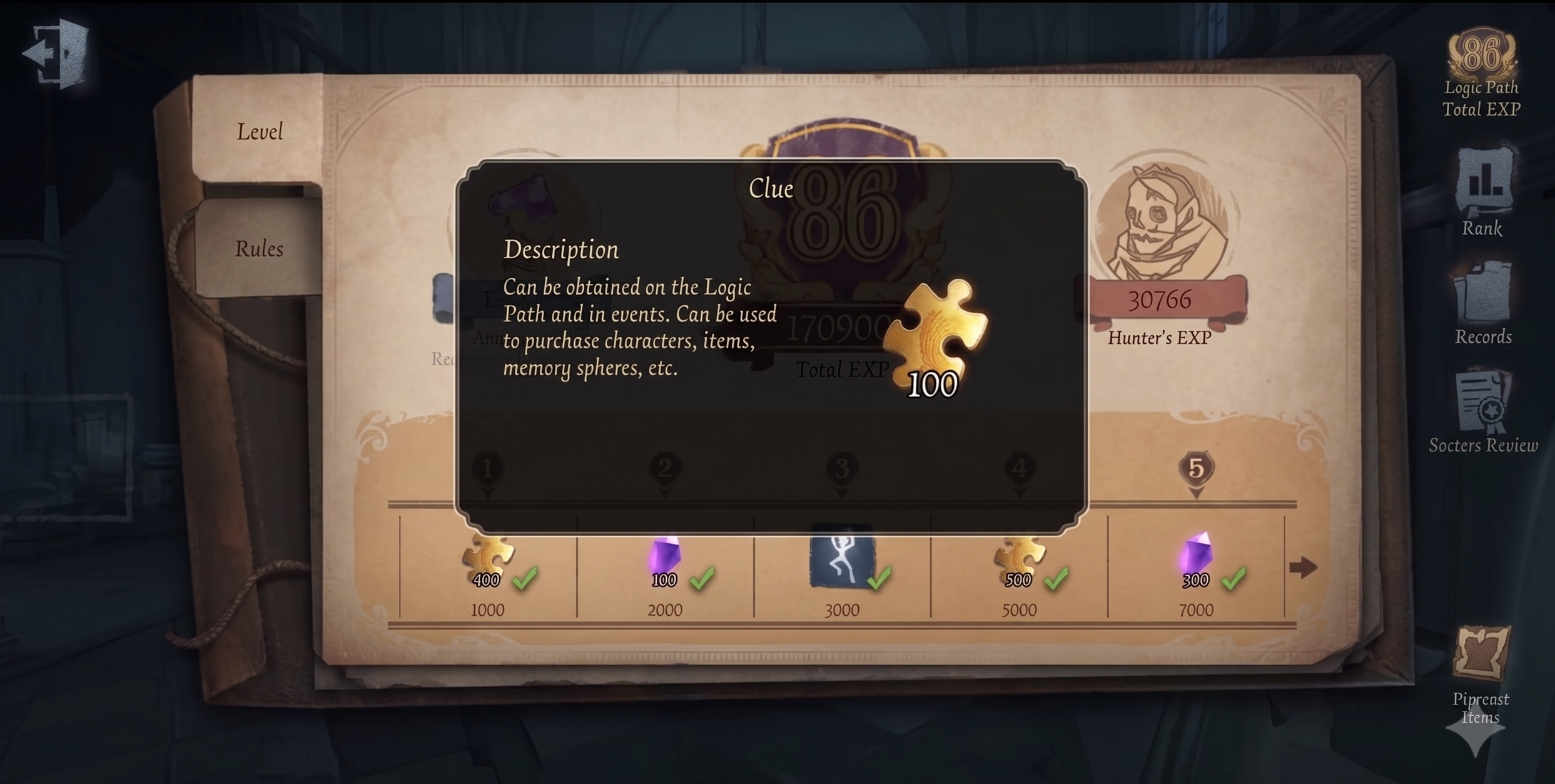 Identity V Clue currency (100 Clues reward from the Logic Path)