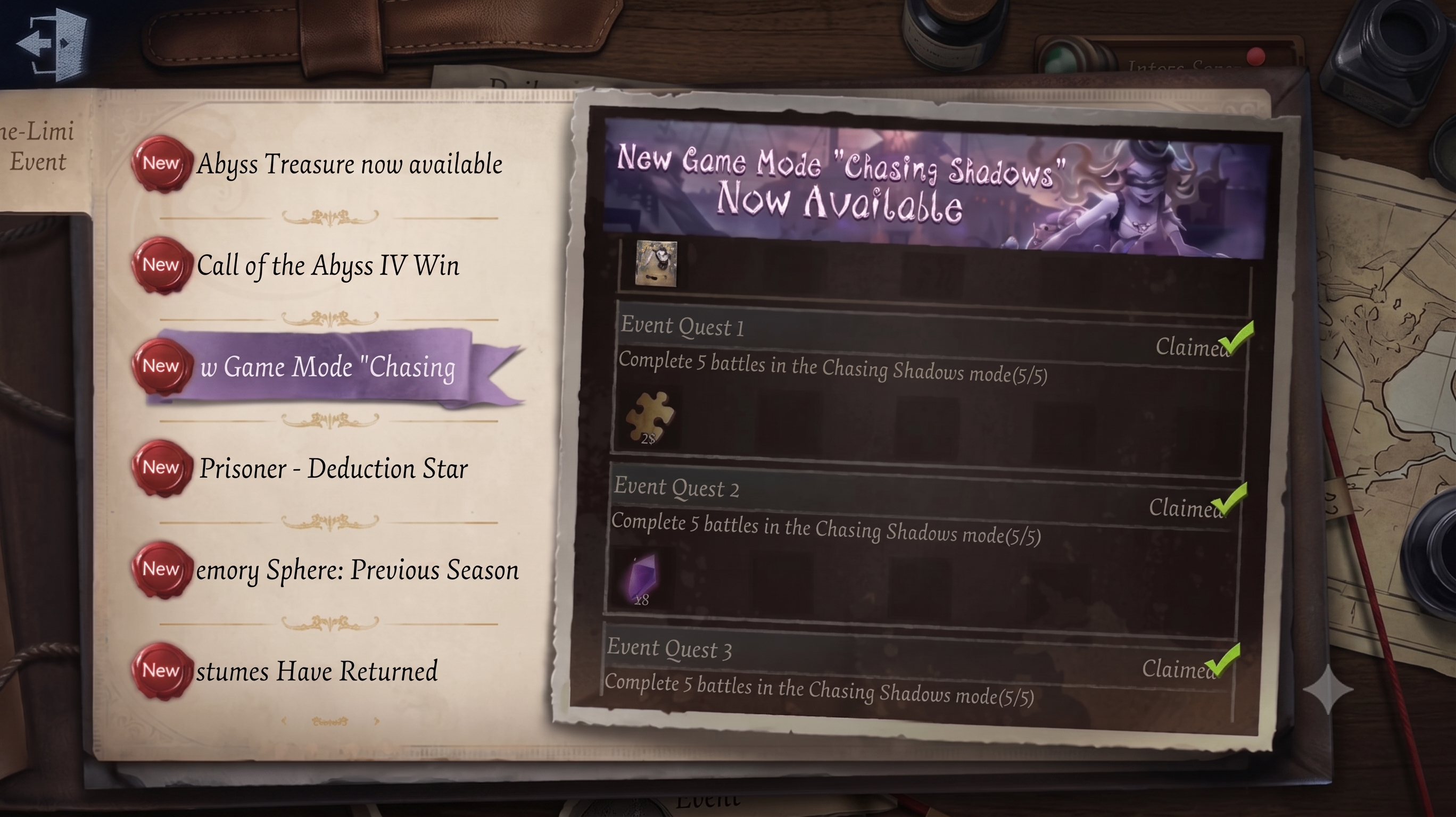 Identity V Event Quest Chasing Shadows Mode Quests With Clue and Inspiration Rewards