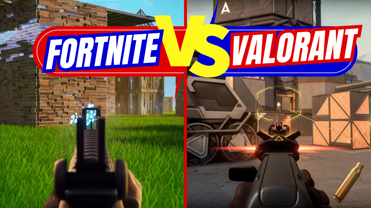 Side-by-side of Fortnite building mechanics and Valorant agent abilities in action