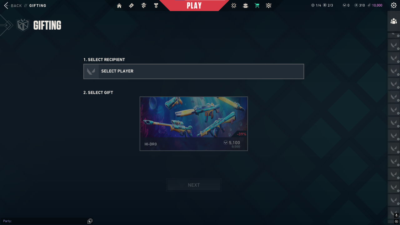 Valorant Gifting Screen Showing Select Player & Select Gift
