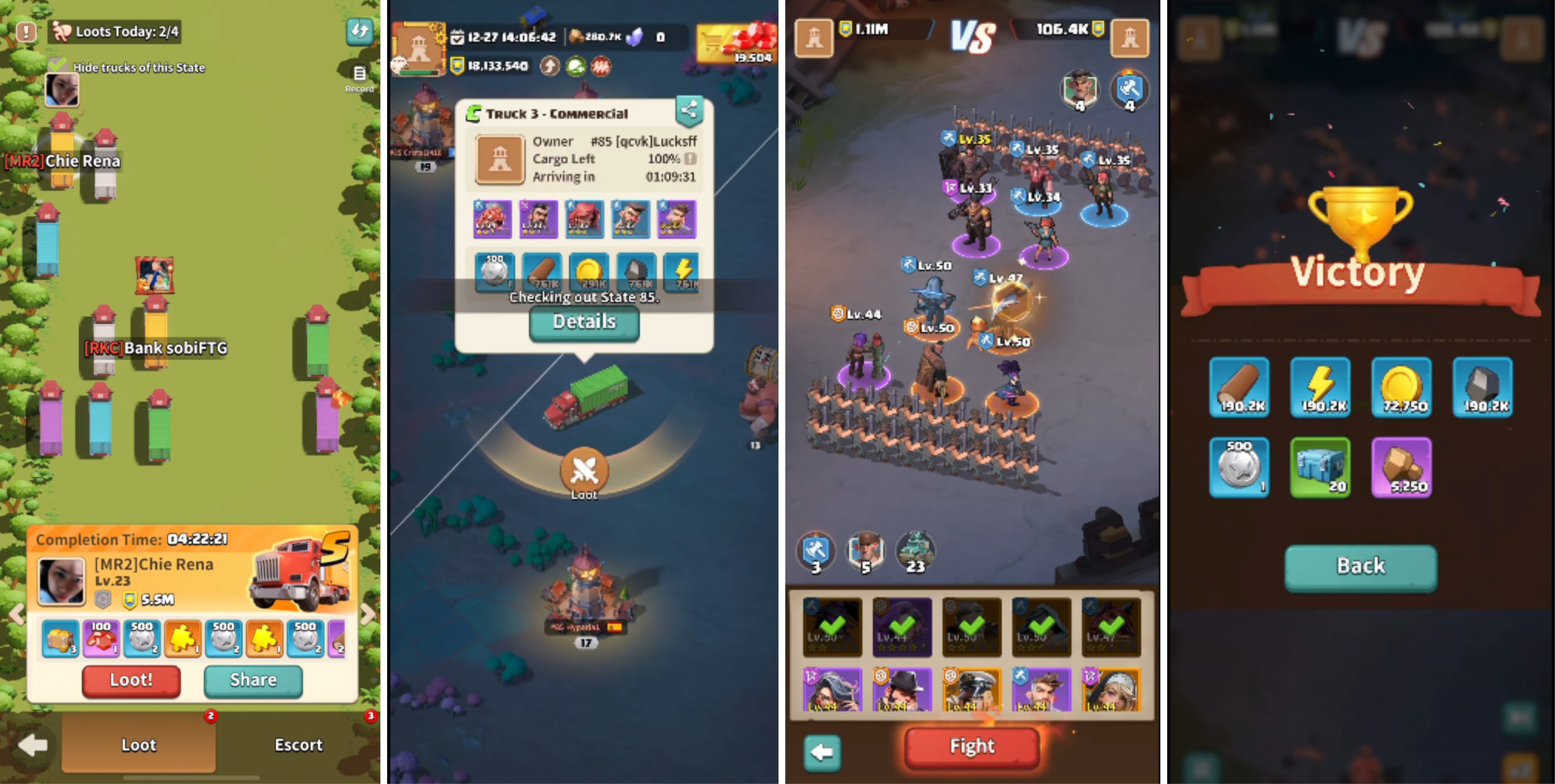 Dark War Survival Truck Looting (Truck Selection On World Map, Hero Battle Screen, And Victory Reward Screen)