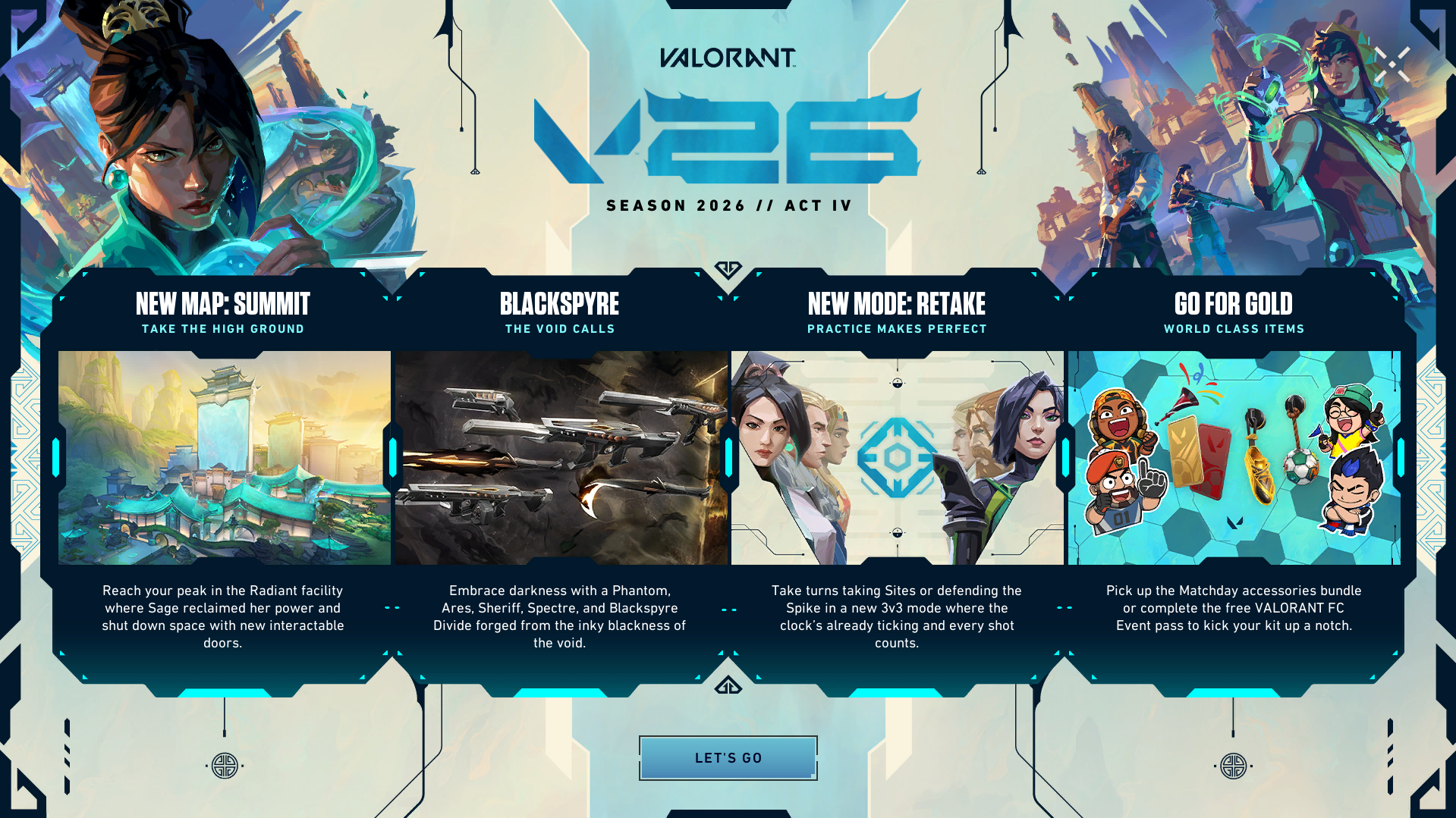 Valorant Patch 13.00 V26 Act 4 update highlights screen.