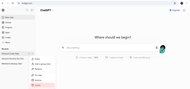 Step-by-step process for deleting an individual ChatGPT chat on desktop