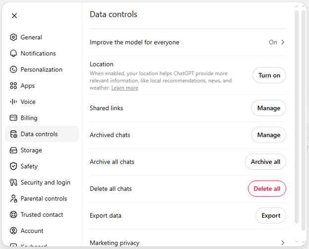 How to permanently delete all ChatGPT chat history from desktop settings
