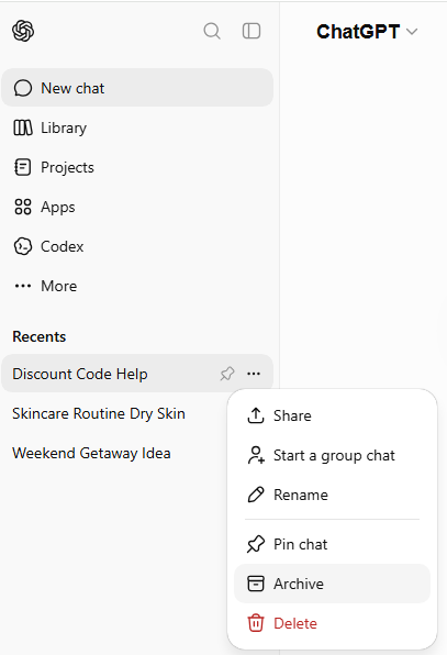 Archiving ChatGPT conversations to remove them from the sidebar while keeping access