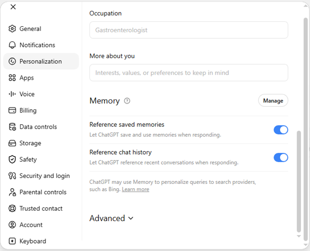 Managing ChatGPT memory settings and disabling saved memories for privacy