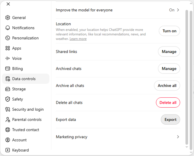 Exporting ChatGPT data and conversation history before deleting chats and memories