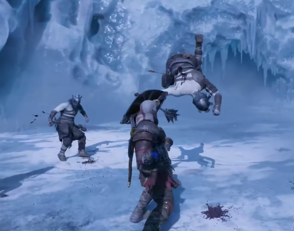 god of war ragnarok hitting enemy with a shield