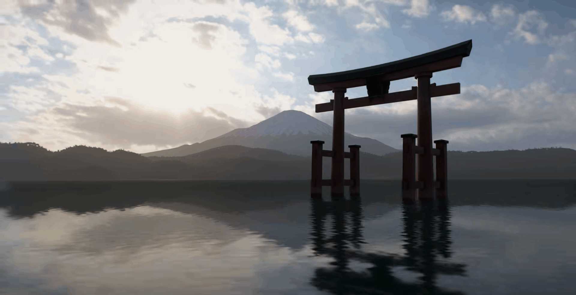 A Torri Gate and Mt. Haruna in the background