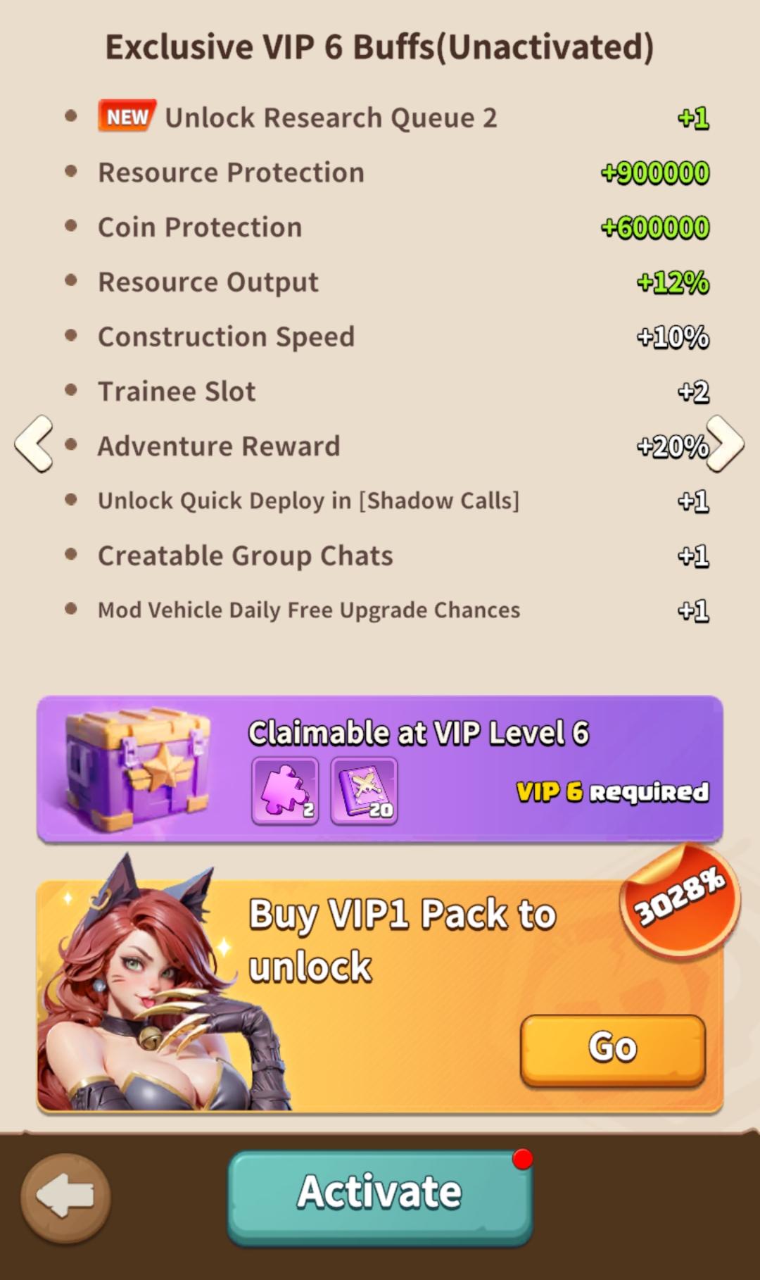 Dark War Survival VIP 6 benefits showing dual research queues and faster account progression