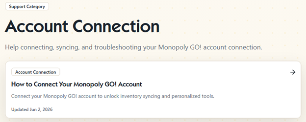 Monopoly GO account connection settings with linked accounts management and security control features