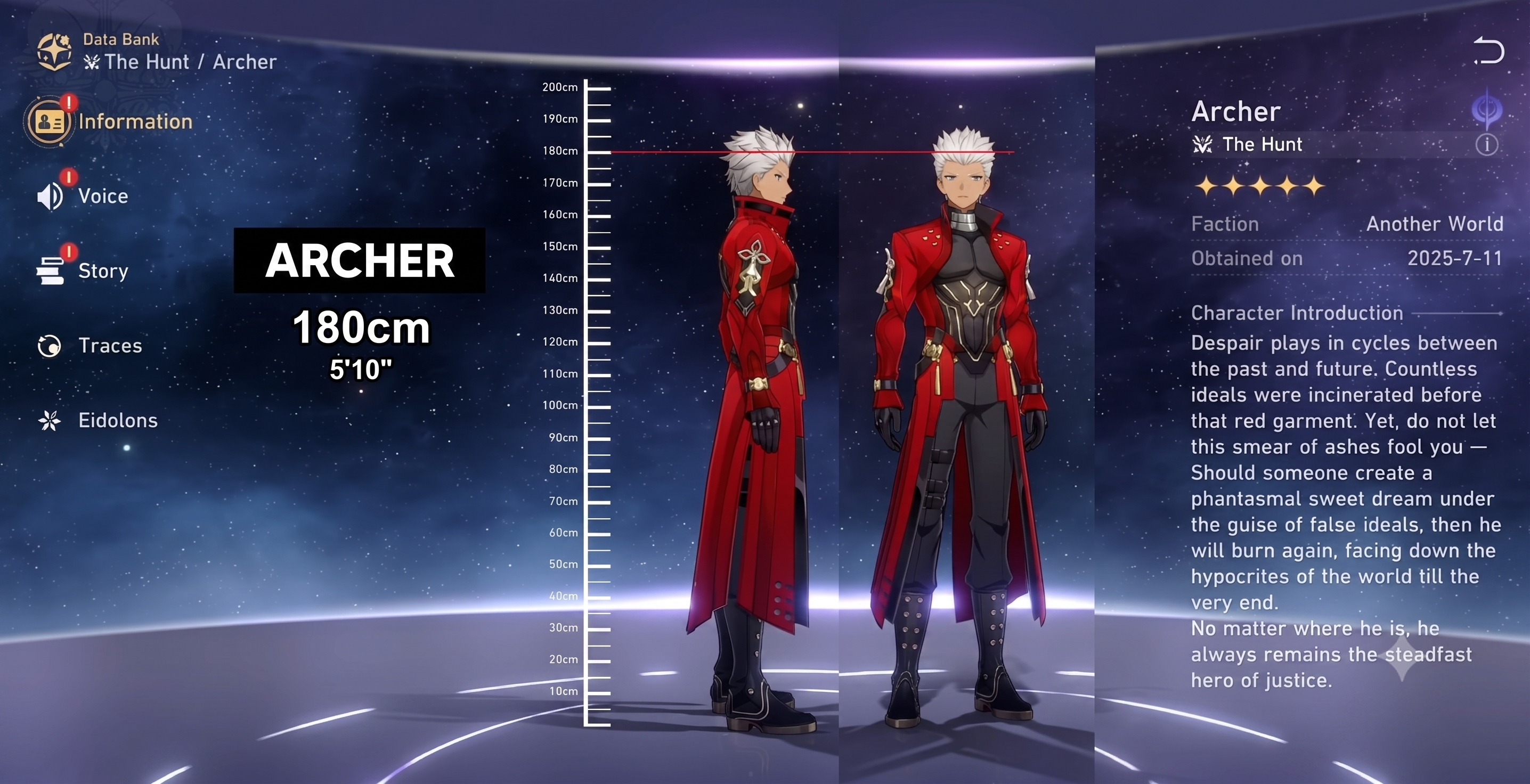Archer's official Data Bank screen in Honkai: Star Rail showing his height at 180cm (5'10") and path as The Hunt