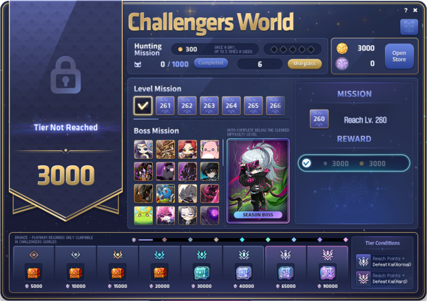 The Challengers World&nbsp;tier progress bar from Bronze to Challenger, Boss Mission grid, and Level Mission