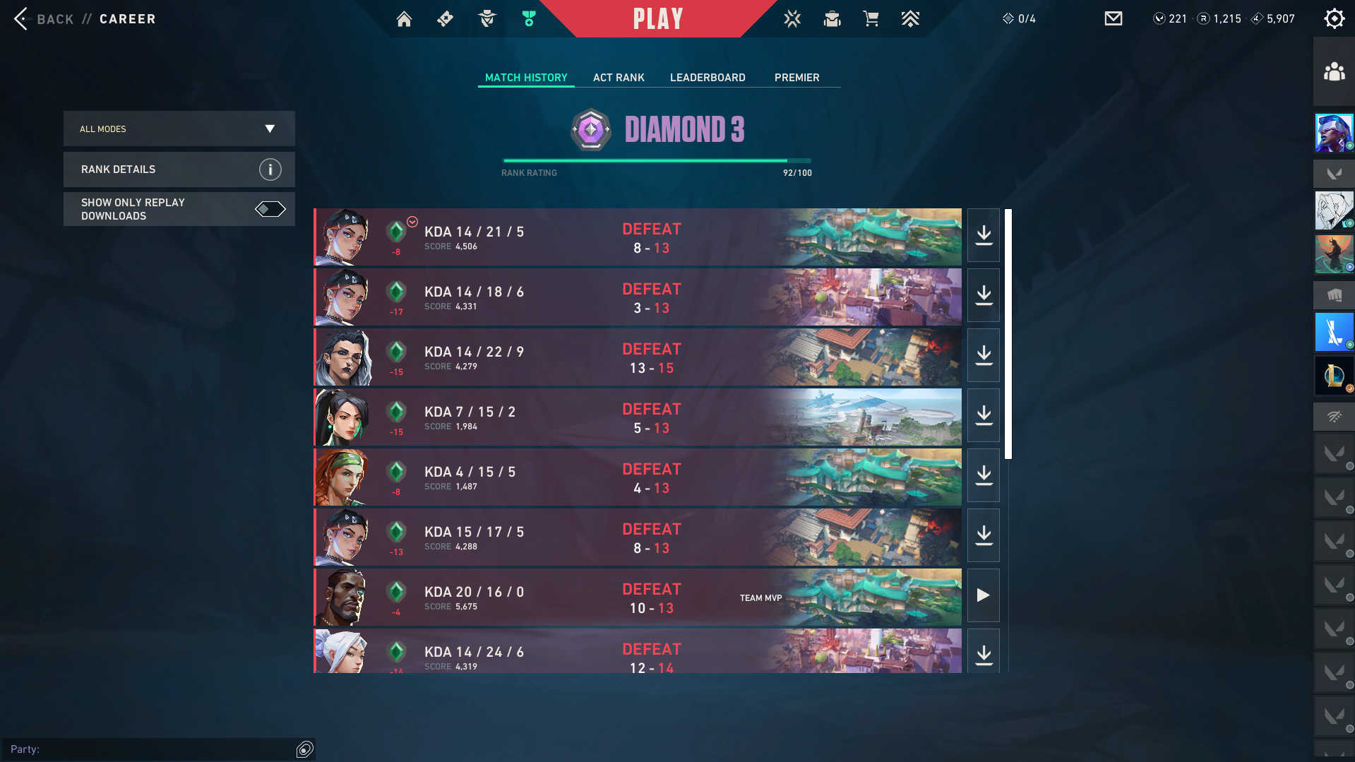 My Valorant Career page at Diamond 3 with 92 RR, showing a loss streak where hidden MMR above my rank cushioned several defeats to single-digit RR losses.