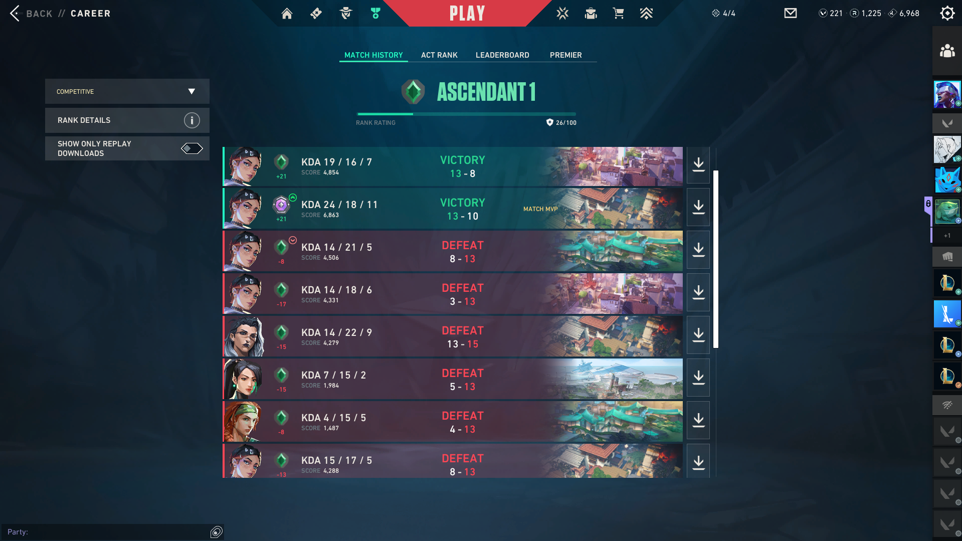 My Valorant Career page after two +21 RR wins promoted me from Diamond 3 to Ascendant 1, now sitting at 26 RR in Patch 13.00.