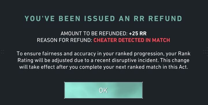 RR Refund notification from a lost match against a hacker.
