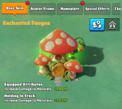 The Enchanted Fungus Skin gives a Passive +5% Damage Bonus Against All Monsters Including Code Bosses when Equipped