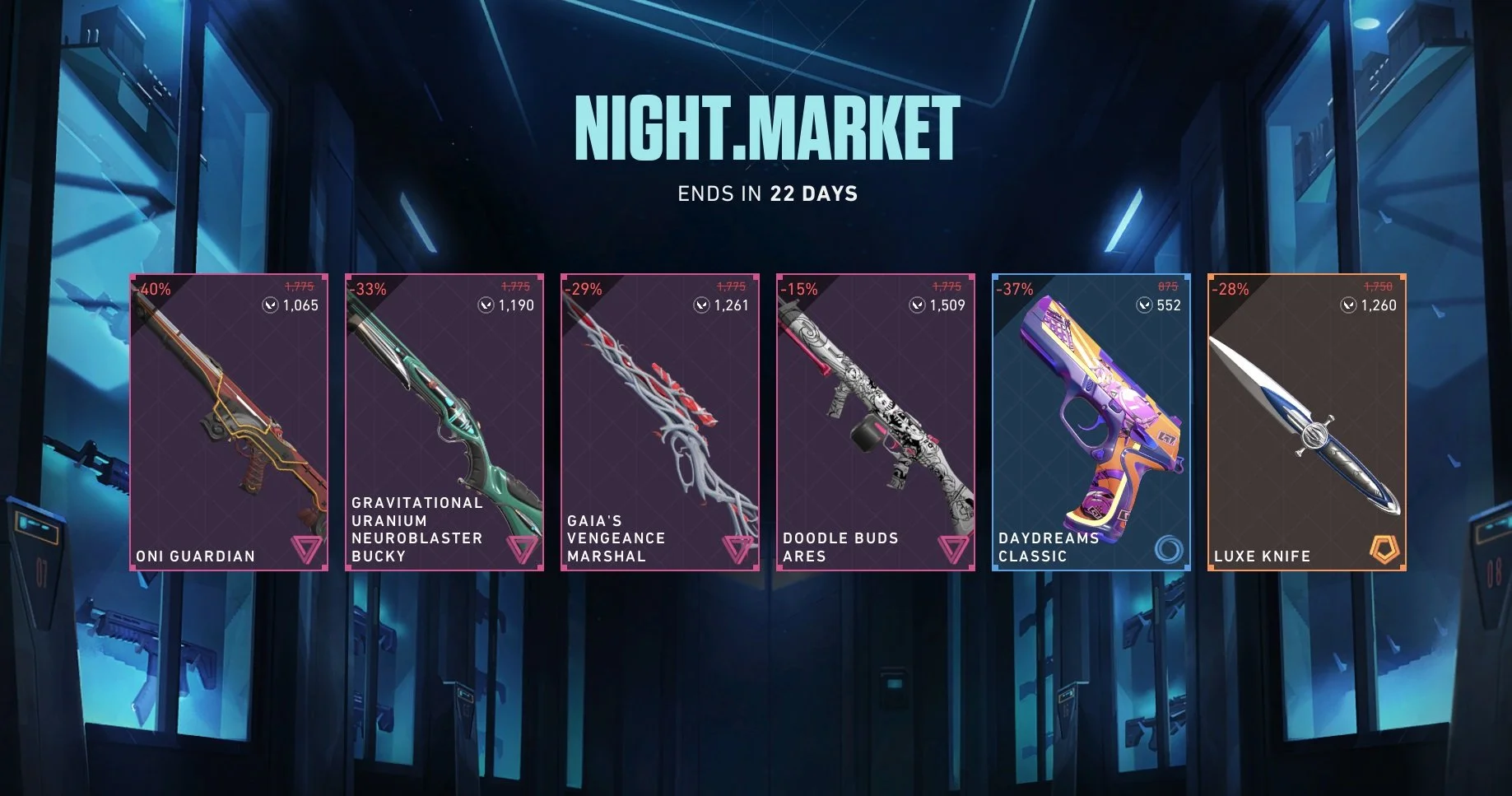 Valorant Night Market May 2026 - reveal screen showing six discounted weapon skin cards.