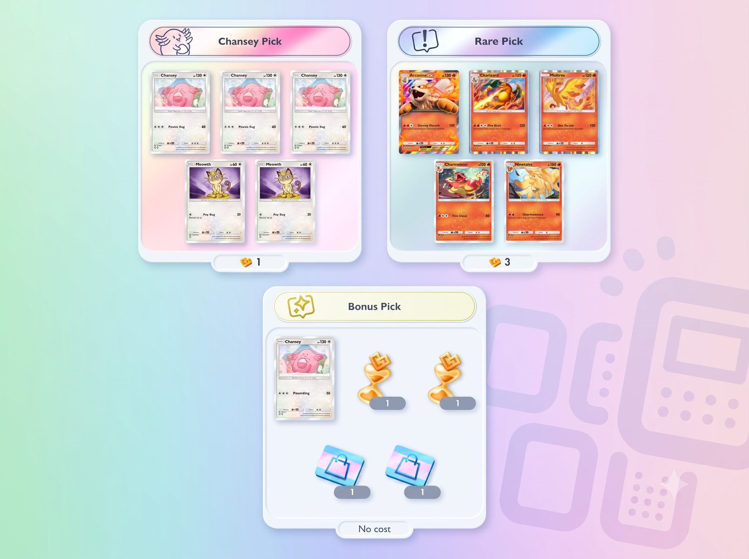 The three special Wonder Pick types in Pok&eacute;mon TCG Pocket
