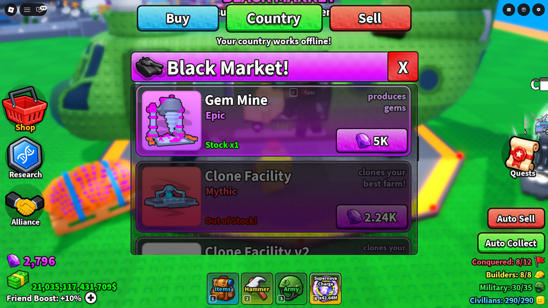 Black Market shop showcasing availability of Gem Miner and Price