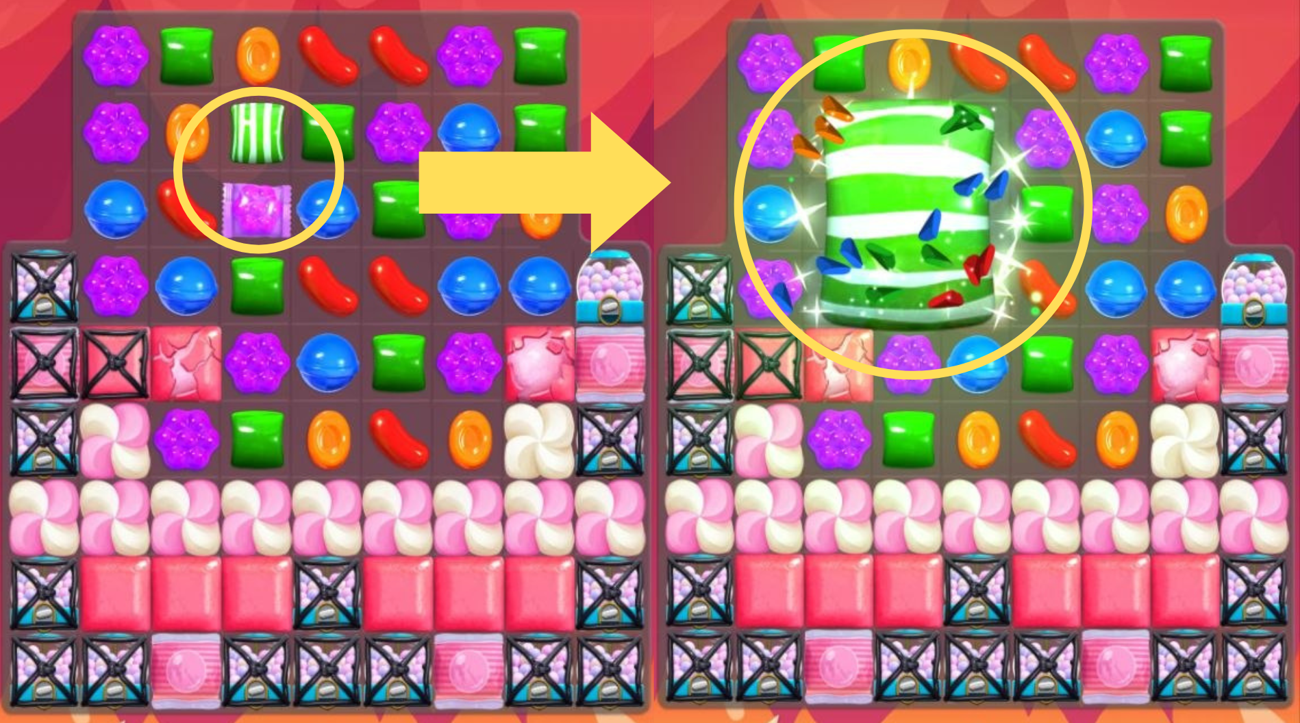 Candy Crush Saga Combo: Striped + Wrapped