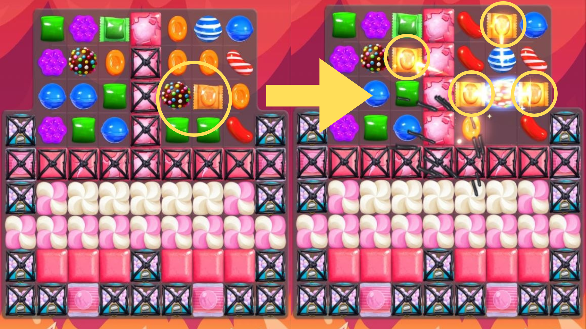 Candy Crush Saga Combo: Colour Bomb + Wrapped