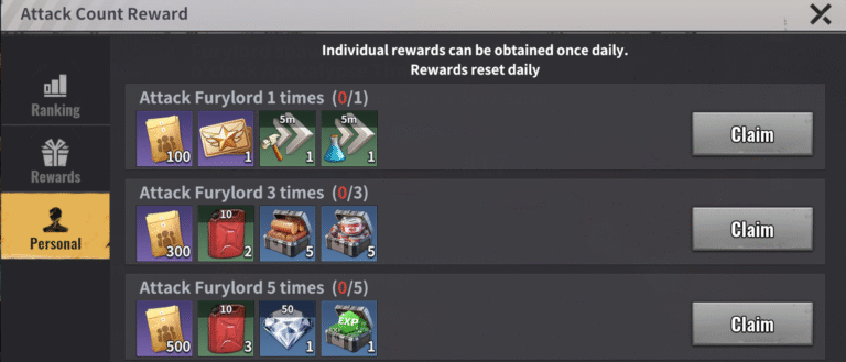Attack Count Reward panel in Last Z Furylord event listing daily rewards for attacking 1, 3, and 5 times, including refugee tokens, fuel cans, diamonds, and speedups