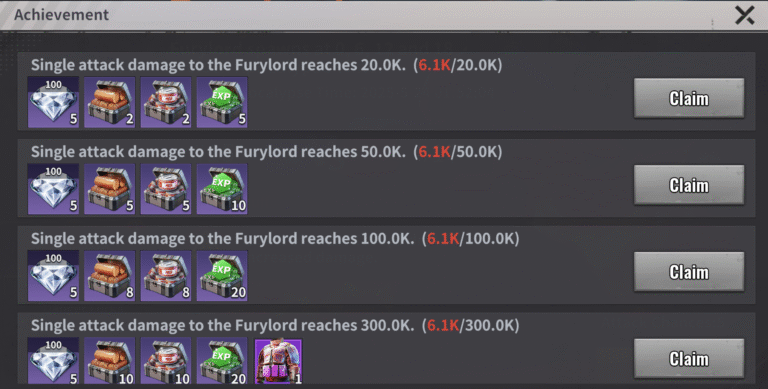 Furylord achievement panel in Last Z showing early single attack damage milestones from 20K to 300K with diamond, chest, EXP, and purple armor rewards