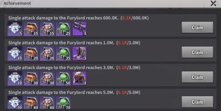 Last Z Furylord achievement rewards for single attack damage milestones at 600K, 1M, 3M, and 5M, each granting purple gear pieces including a rifle, boots, and helmet