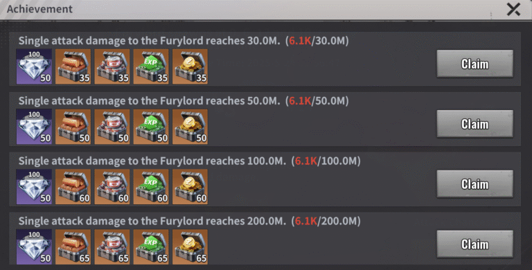 High tier Furylord achievement milestones in Last Z from 30M to 200M single attack damage with gold chests and large diamond rewards