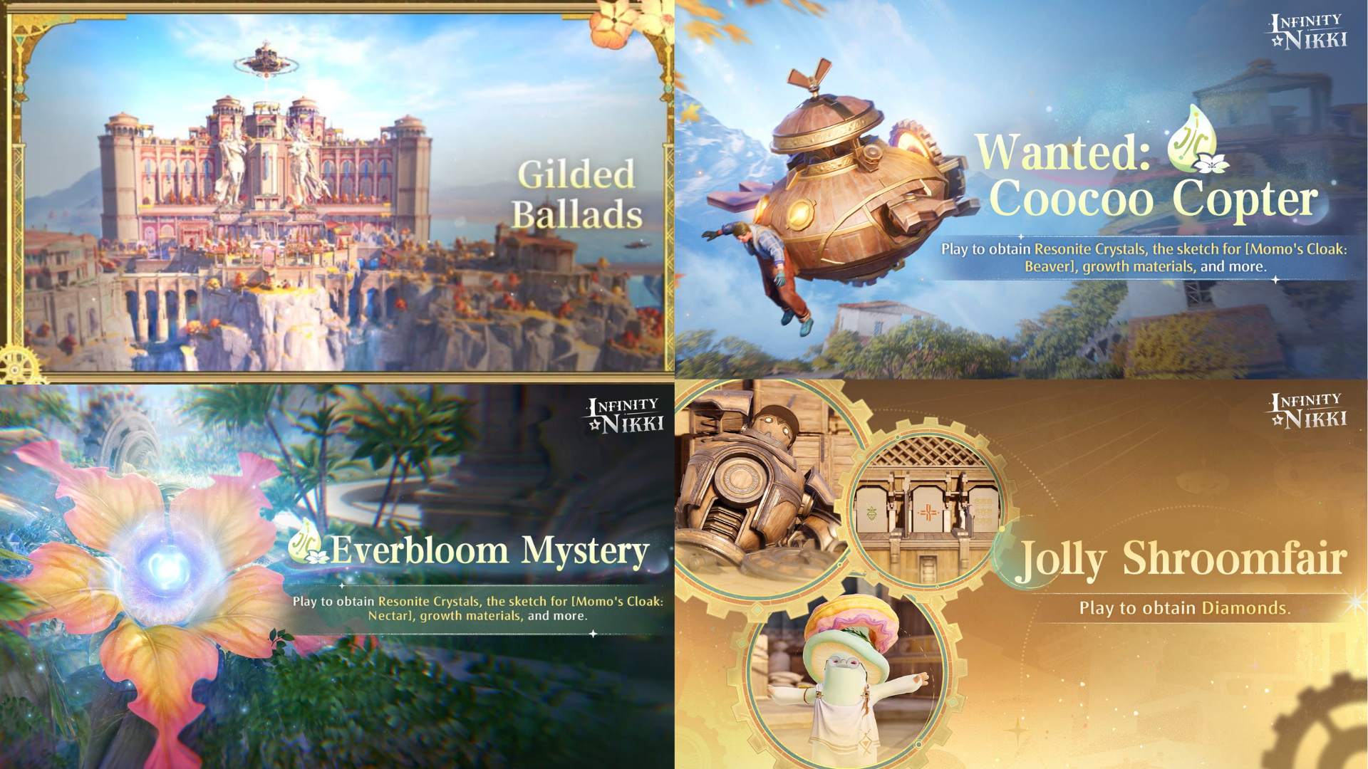 Gilded Ballads, Wanted: Coocoo Copter, Everbloom Mystery, and Jolly Shroomfair