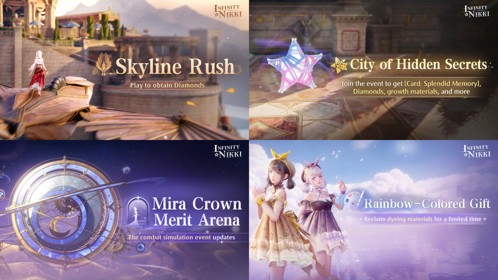 Skyline Rush, City of Hidden Secrets, Mira Crown Merit Arena, and Rainbow-Colored Gift