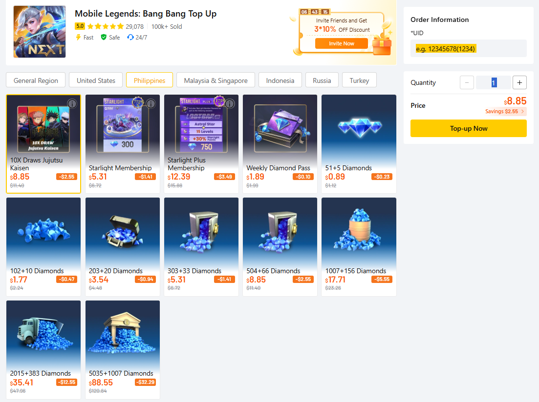 LootBar Mobile Legends Bang Bang top-up page. Alt text: top-up Mobile Legends Bang Bang