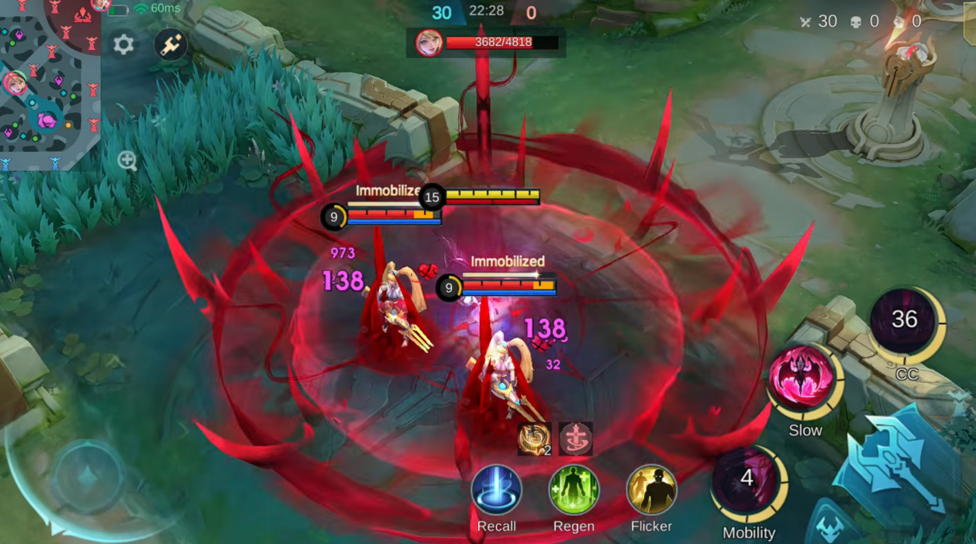 Ult hitting after using Crimson Gleam to teleport into enemies (Ult Activated first, make sure first skill hits first)