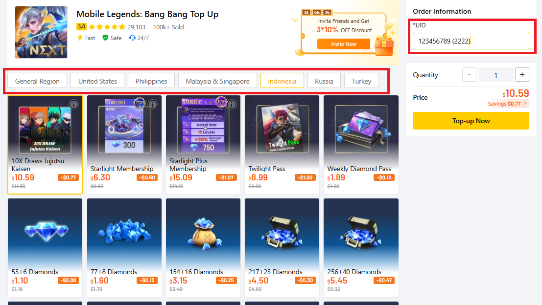 Lootbar's MLBB top up page with highlights and top up using only friend's ID