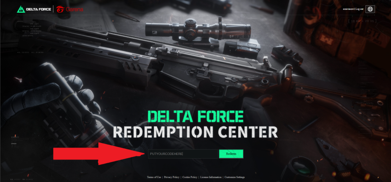 Redemption center with an arrow pointing to the Code Area