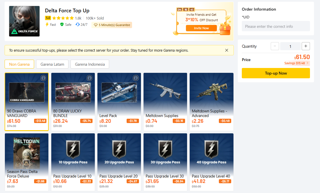 Lootbar's Delta Force top-up page