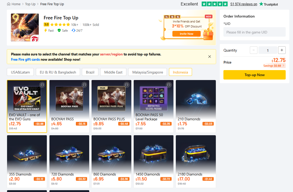 Lootbar Free Fire top-up page